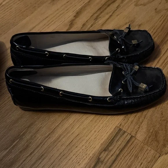 Michael Kors Black Patent Leather Moccasin Loafers with Gold Accents - Picture 2 of 3